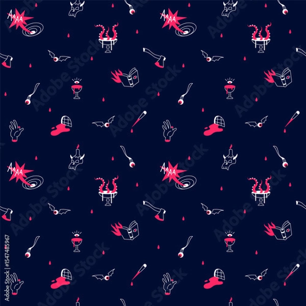 Fototapeta Halloween unusual seamless repeat pattern. Simple linear mystical surrealistic objects, outline icons. Thriller murder stories, horror movie paranormal tiny illustrations with eyes, tentacles, blood.