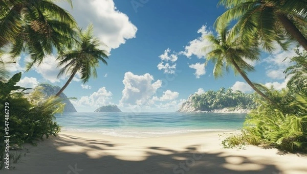 Fototapeta Idyllic Tropical Beach Paradise with Palm Trees and Turquoise Water