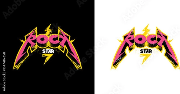 Fototapeta Rockstar Label Design Vector Bold Pink and Yellow Grunge Text with Lightning Bolts on Black and White Backgrounds, Ideal for Music, Fashion, and Branding. Rock star label ,print and sticker design