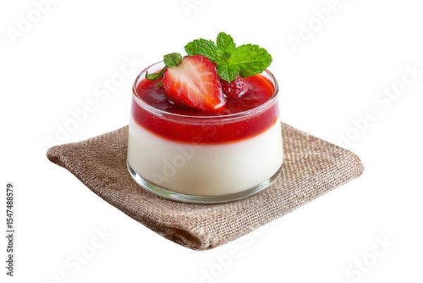 Obraz Strawberry Panna cotta with berry sauce in glass cup,for popular dessert, isolated on transparent background.