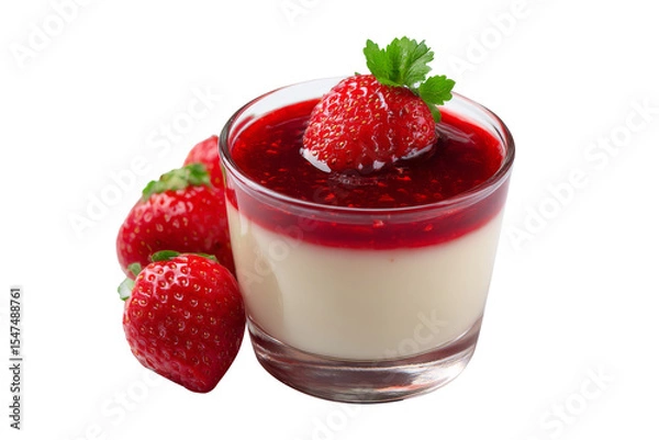 Obraz Strawberry Panna cotta with berry sauce in glass cup,for popular dessert, isolated on transparent background.