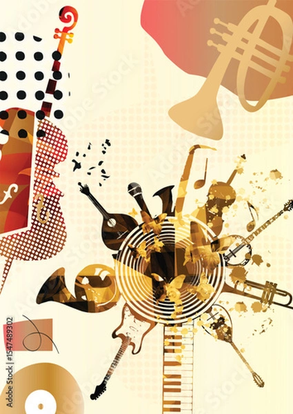 Obraz Music background with colorful music instruments and vinyl record disc vector illustration