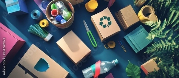 Fototapeta Creative Sustainable Concept, Tabletop Still Life of Upcycled Materials and Craft Supplies for Eco-Friendly Projects