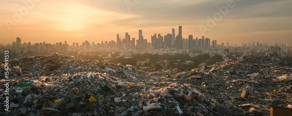 Fototapeta Stark Contrast, A Cityscape Emerging from a Mountain of Waste and Pollution