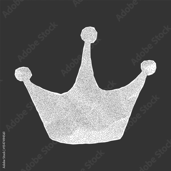 Fototapeta Crumpled paper crown design on dark background. Sticker with jagged torn edges, dotted gritty texture, royalty halftone element.