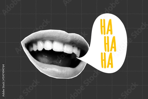 Fototapeta Retro podcast collage element with dotted gritty texture. Hand-cut paper illustration for broadcasting, covers, live audio shows, pop art blog design, mouth and speech bubble.