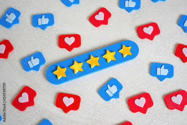 Fototapeta A five-star bar among social media likes. Social validation, high ratings, or quality recognition. Customer review metrics in digital marketing.