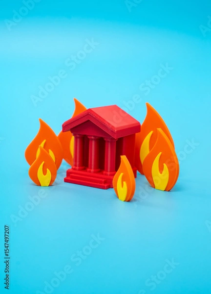 Fototapeta Burning bank building. Government building on fire. Financial or political crisis. Institutional collapse, social unrest, systemic instability. Public distrust, economic turmoil, geopolitical tensions