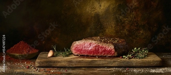 Fototapeta Exquisite Medium Rare Steak Presentation with Spice and Herb Garnish