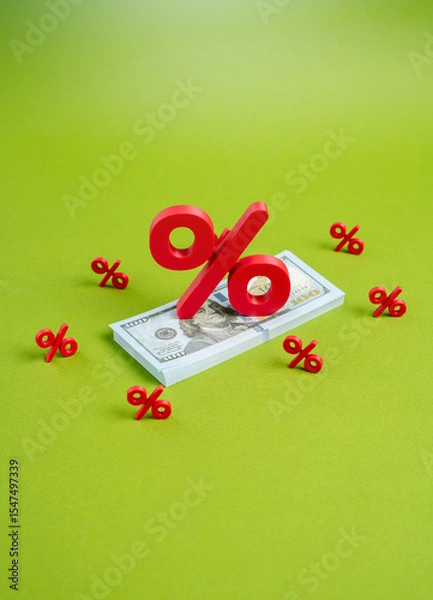 Fototapeta A stack of dollar bills under the pressure of interest. Inflation. High tax pressure. Debt. US national debt. Macroeconomic stress, policy consequences, or the weight of systemic financial obligations
