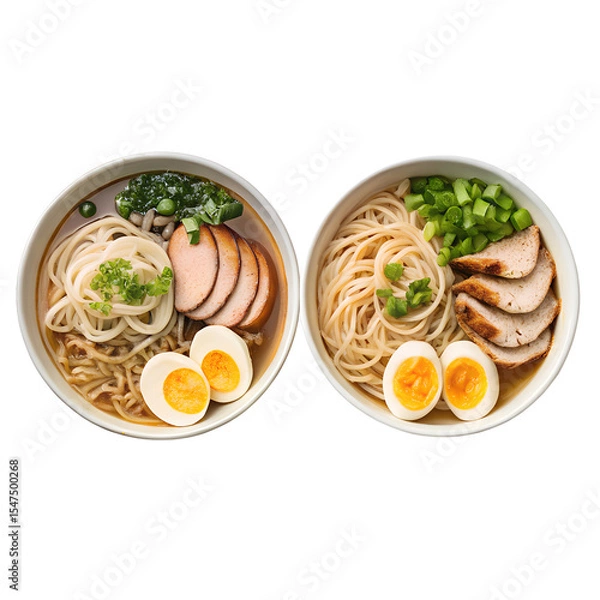 Fototapeta Variety of Noodle Bowls A line art illustration showcases a collection of diverse ramen bowls, each filled with delectable noodles and toppings, presented in a minimalist style.