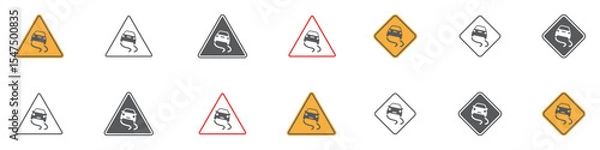 Obraz Set of slippery road traffic signs. Skid risk, triangle sign, car driving on ice. Vector. EPS10.