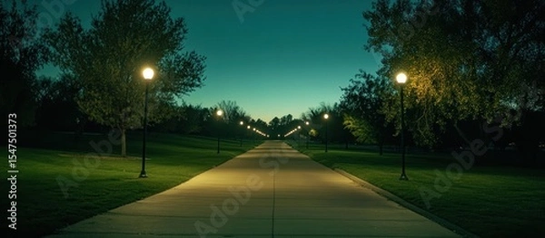 Fototapeta Illuminated pathway at dusk, A serene walkway lined with lampposts