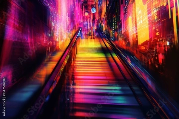 Fototapeta Abstract Vibrant Cityscape with Escalator Leading into the Future