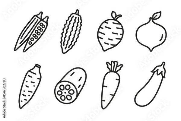 Fototapeta Exotic Vegetable Icons. Line style icons of exotic vegetables: okra, bitter melon, taro root, jicama. yucca, lotus root, daikon,