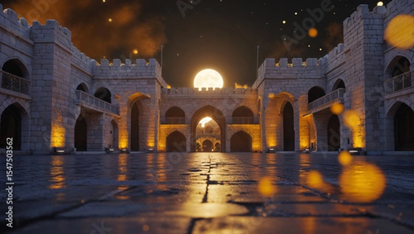 Fototapeta Ancient castle courtyard illuminated by moonlight and golden lights medieval architecture rendered structure at night