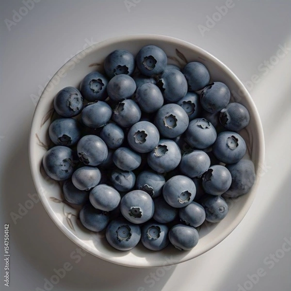 Fototapeta A top down view of fresh blueberries in a white bowl with soft lighting on a white surface top view