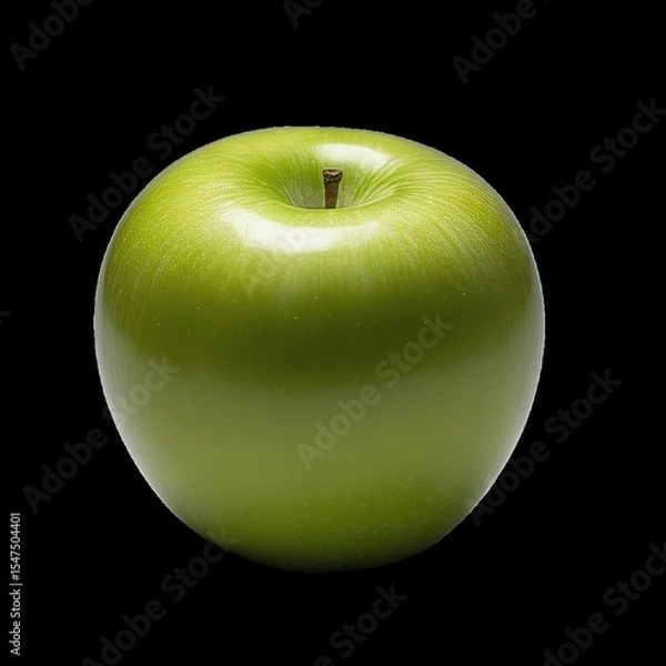 Fototapeta A single bright green apple with a short brown stem on a plain black background in studio lighting