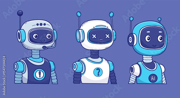 Fototapeta Futuristic Robot, virtual Assistant AI set. Vector color hand drawing. Isolated Avatar character for tech support, security, chatbot projects, design. Not AI
