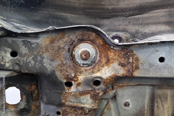 Fototapeta Rust and Metal Decay on Industrial Automotive Frame in Workshop Setting