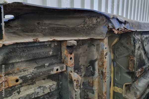Fototapeta Rusty Car Chassis with Weathered Metal Detailing for Industrial Use