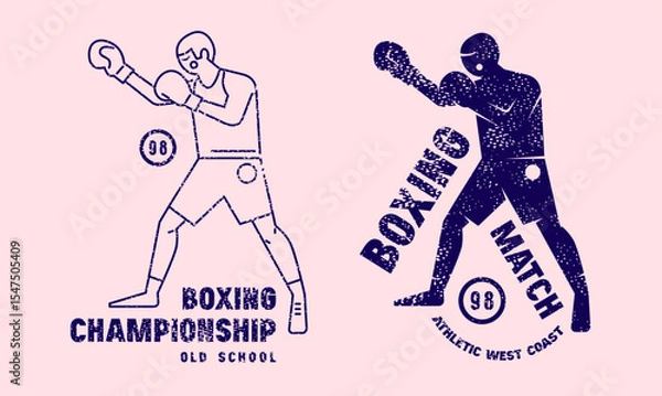 Obraz Boxing championship emblem for t-shirt. Graphic design with rough texture. Blue print on pink background