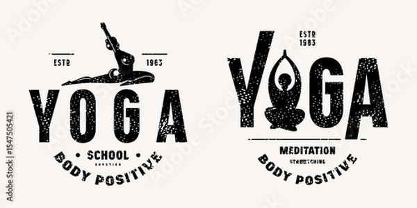 Obraz Body positive yoga class emblem. Graphic design with typographic and silhouettes of girl in asana. Brown print with rough texture on white background