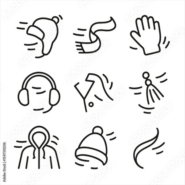 Obraz Windy Accessories Icons. Outline icon set of wind-tossed winter accessories: flying hat, fluttering scarf end, glove slipping,