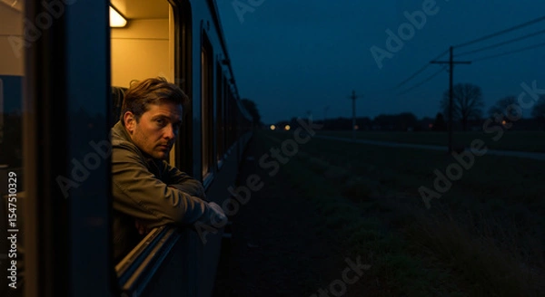 Obraz Young man looking out of train window at night countryside