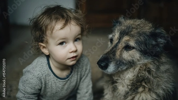 Fototapeta A cute little boy looks at the camera while his loyal dog sits beside him.