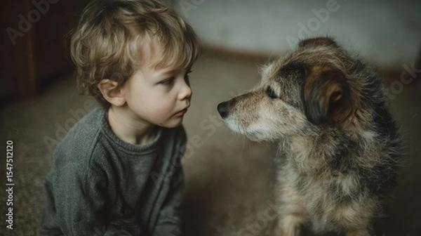 Fototapeta A toddler and a scruffy dog sit face to face sharing a quiet moment.