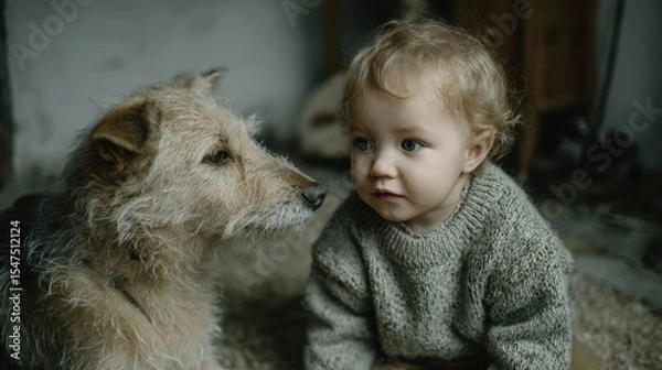 Fototapeta An adorable baby in a knitted sweater looks at a gentle mixed breed dog.