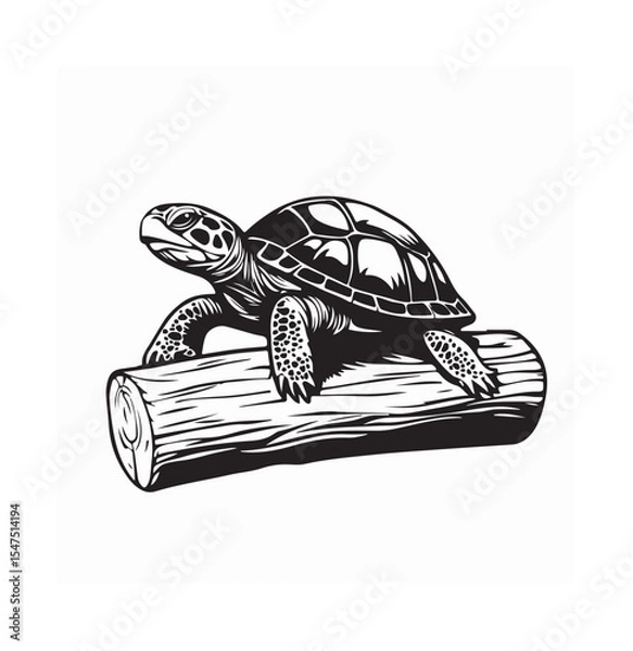 Obraz Turtle Walking Slowly on a Wooden Log in Peaceful Nature Vector Illustration
