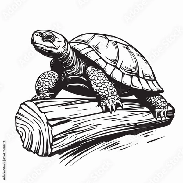 Obraz Turtle Walking Slowly on a Wooden Log in Peaceful Nature Vector Illustration