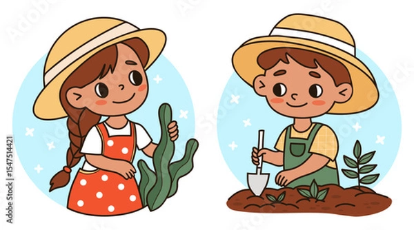 Fototapeta Happy Kids Farmer set. Cute Gardening character girl and boy with plants. Isolated Color hand drawing. Vector illustration. Not AI