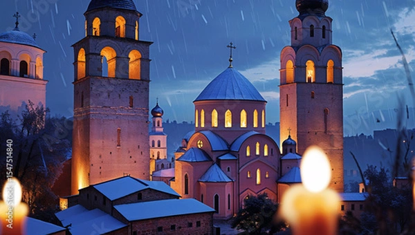 Fototapeta Illuminated orthodox church during a snowfall showing architectural details and warm inviting light on a cold winter night