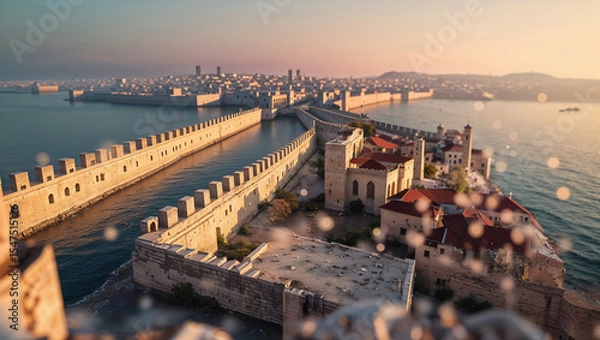 Fototapeta Impressive aerial view of an ancient fortified city on the coast with stone walls and red rooftops in the soft sunset glow