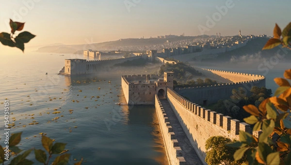 Fototapeta Impressive stone fortress walls overlooking the ocean in a beautiful landscape during sunrise or sunset with foliage.