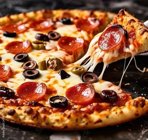 Fototapeta A pepperoni pizza with olives and green peppers with a slice being lifted and cheese stretching out