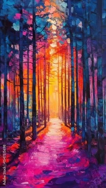 Obraz Pine forest rendered in abstract expressionism style, employing bold brushstrokes and vivid colors to convey the essence and atmosphere of the forest in an artistic manner.