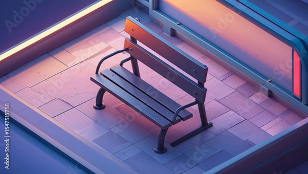 Fototapeta Isometric illustration of a modern wooden bench inside a transit station bathed in warm and cool ambient lighting.
