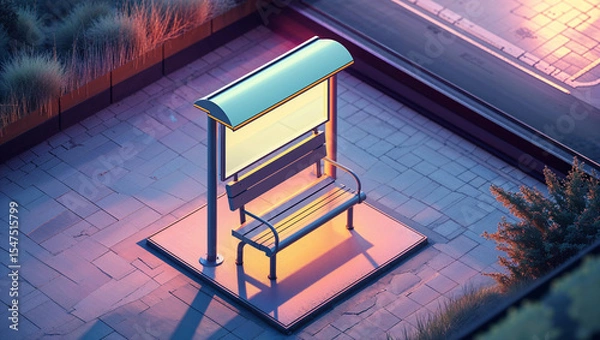 Fototapeta Isometric illustration of an empty bus stop with bench and shelter at sunset with cinematic lighting