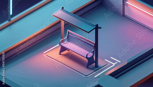 Fototapeta Isometric view of a stylized bench under a canopy illuminated by neon lights in a futuristic abstract scene.