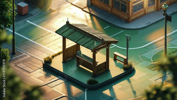 Fototapeta Isometric view of a wooden bus stop shelter bathed in warm sunlight with a detailed surrounding street scene
