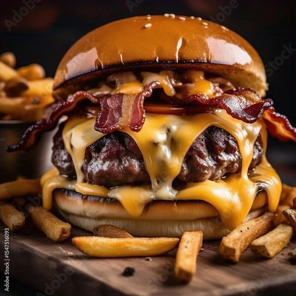 Fototapeta A double cheeseburger with bacon and fries on a wooden board in a close up shot with dark background