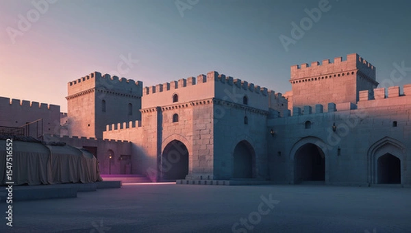Fototapeta Majestic stone fortress illuminated by soft sunset hues casting shadows and architectural details across the courtyard