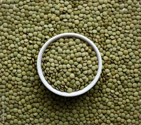 Fototapeta A top down view of green lentils filling a white bowl and covering the background completely flat lay