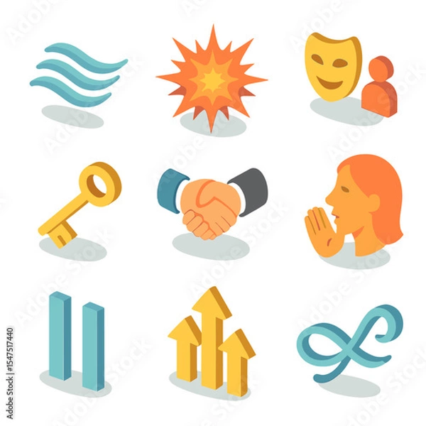 Fototapeta Rhetorical Device Icons. Isometric Flat icon set of rhetorical devices and figures: alliteration waves, hyperbole explosion,