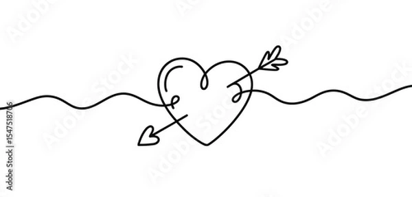 Fototapeta Single Line Drawing Heart Pierced by Arrow Valentines Day