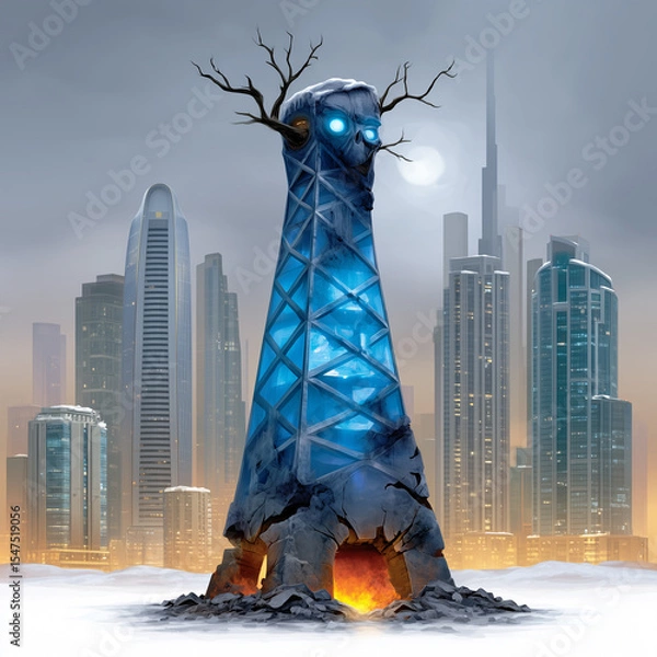 Fototapeta A menacing dystopian tower with a glowing skull and fiery base looms over a snow-covered modern city skyline.
